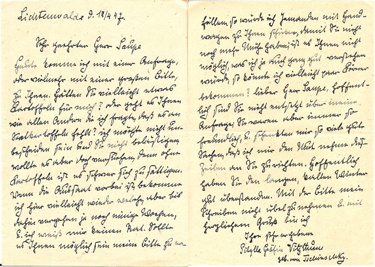 Brief der Gräfin Sibylla Vitzthum von Eckstädt